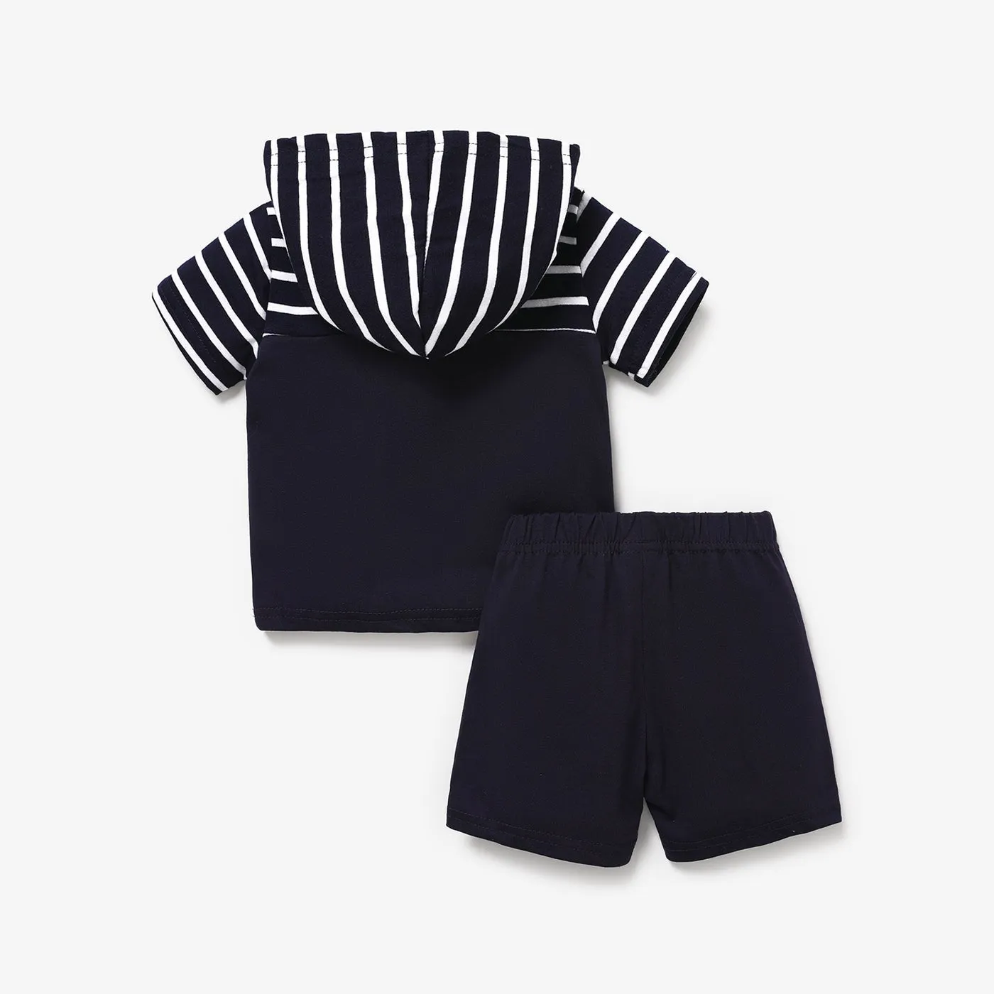 2pcs Baby Boy Patch Pocket Short-sleeve Stripe Hoodie and Shorts Set