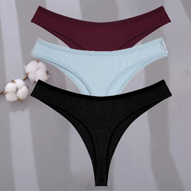 3 Pack G-string Cotton Mix Panties Low-Waist Thongs Striped Solid Underpants Comfortable Briefs Underwear
