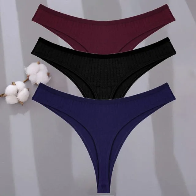 3 Pack G-string Cotton Mix Panties Low-Waist Thongs Striped Solid Underpants Comfortable Briefs Underwear