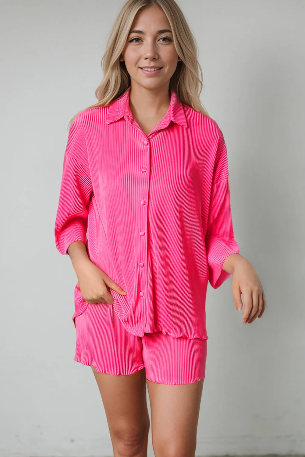 3/4 Sleeves Pleated Shirt and High Waist Shorts Lounge Set