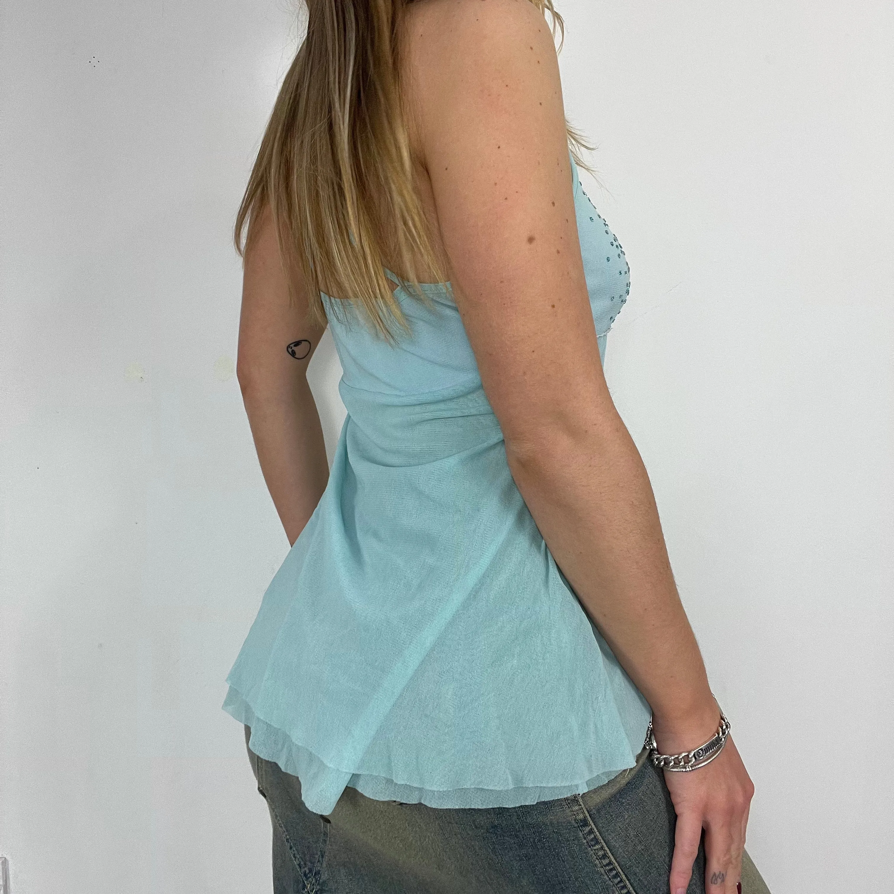 90s blue floaty mesh boob tube halter neck top - Size S/M