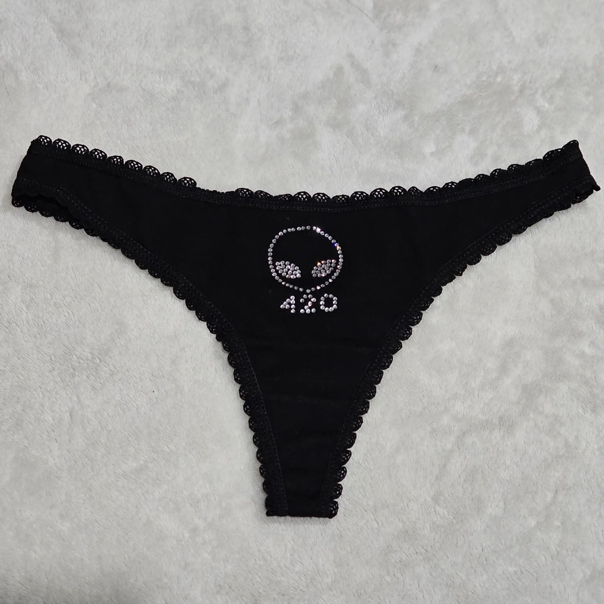 Alien Face 420 Undies | Black with Silver Crystals Thong Style