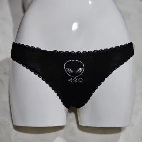 Alien Face 420 Undies | Black with Silver Crystals Thong Style