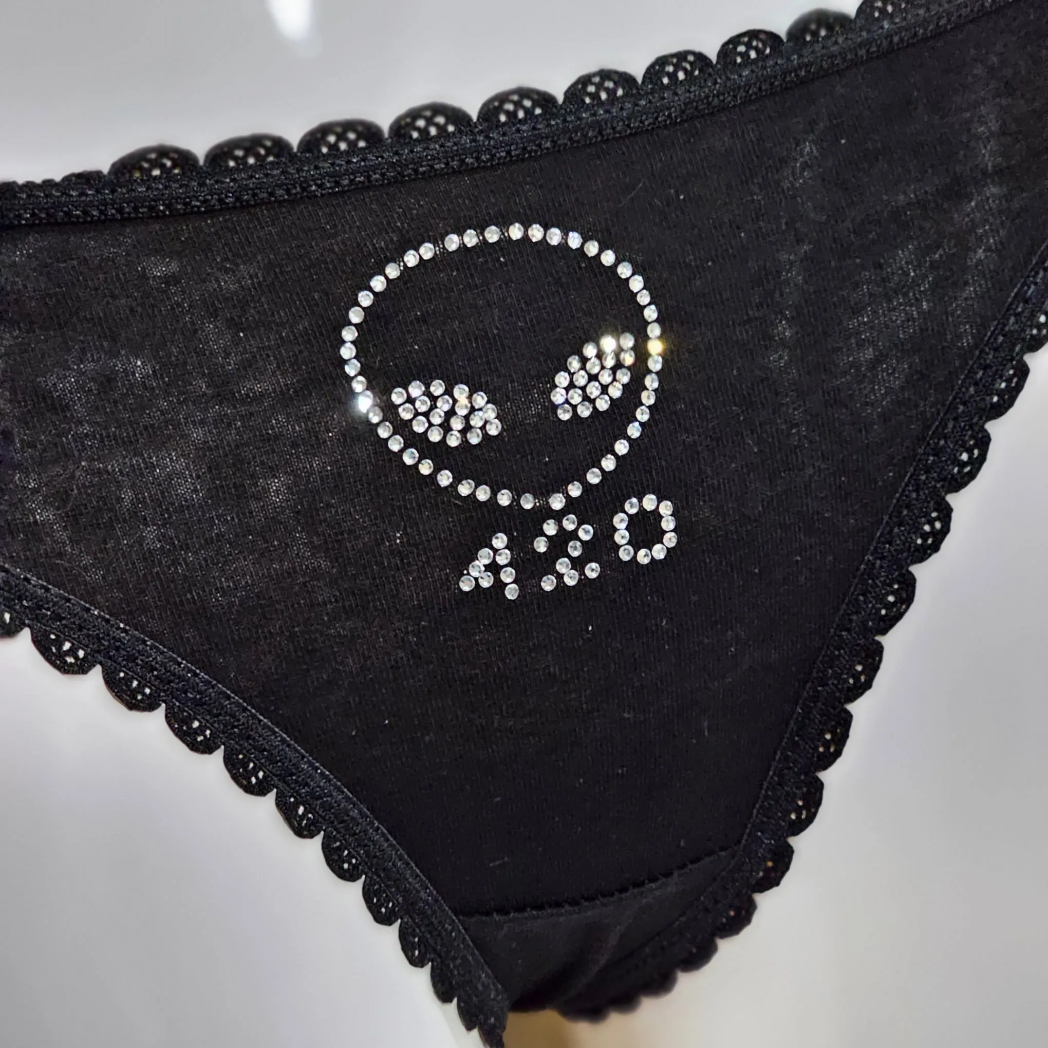 Alien Face 420 Undies | Black with Silver Crystals Thong Style