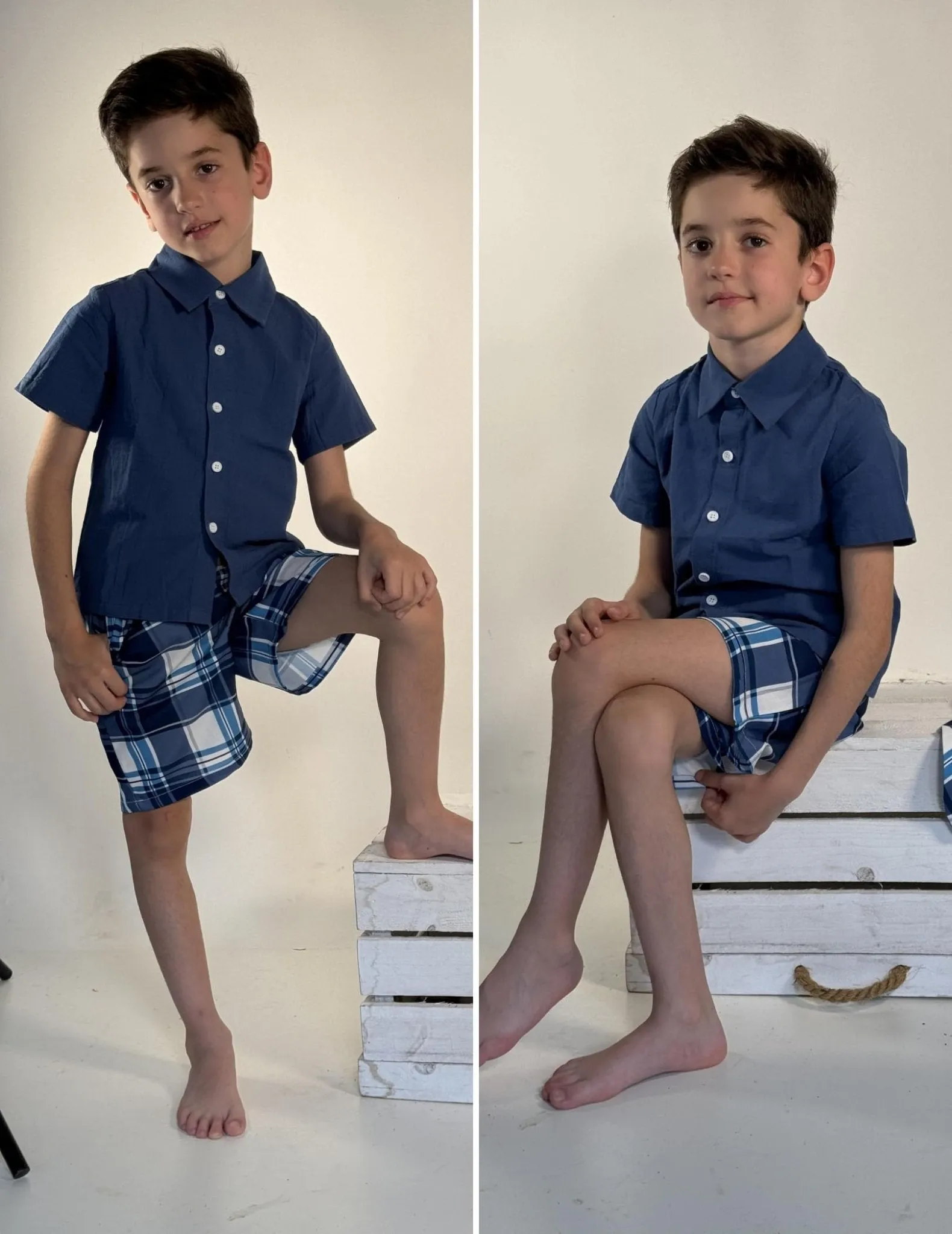 Arshiner Boys Navy Button Down Shirts and Plaid Short Sets with Bucket Hat Summer Outfits Cotton Linen Kids Beach Set