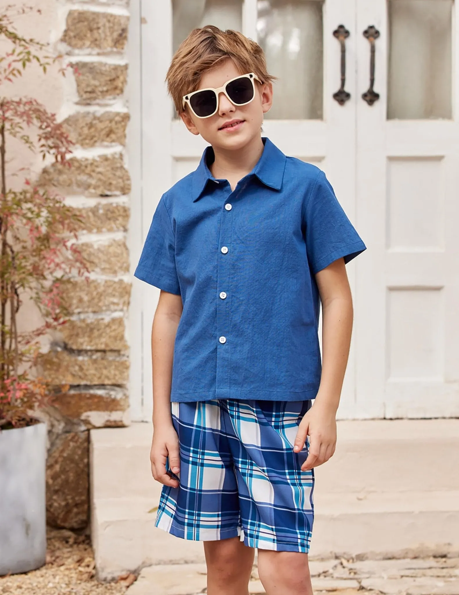 Arshiner Boys Navy Button Down Shirts and Plaid Short Sets with Bucket Hat Summer Outfits Cotton Linen Kids Beach Set