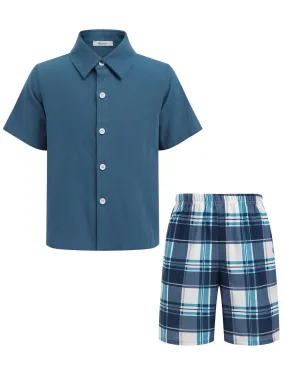 Arshiner Boys Navy Button Down Shirts and Plaid Short Sets with Bucket Hat Summer Outfits Cotton Linen Kids Beach Set