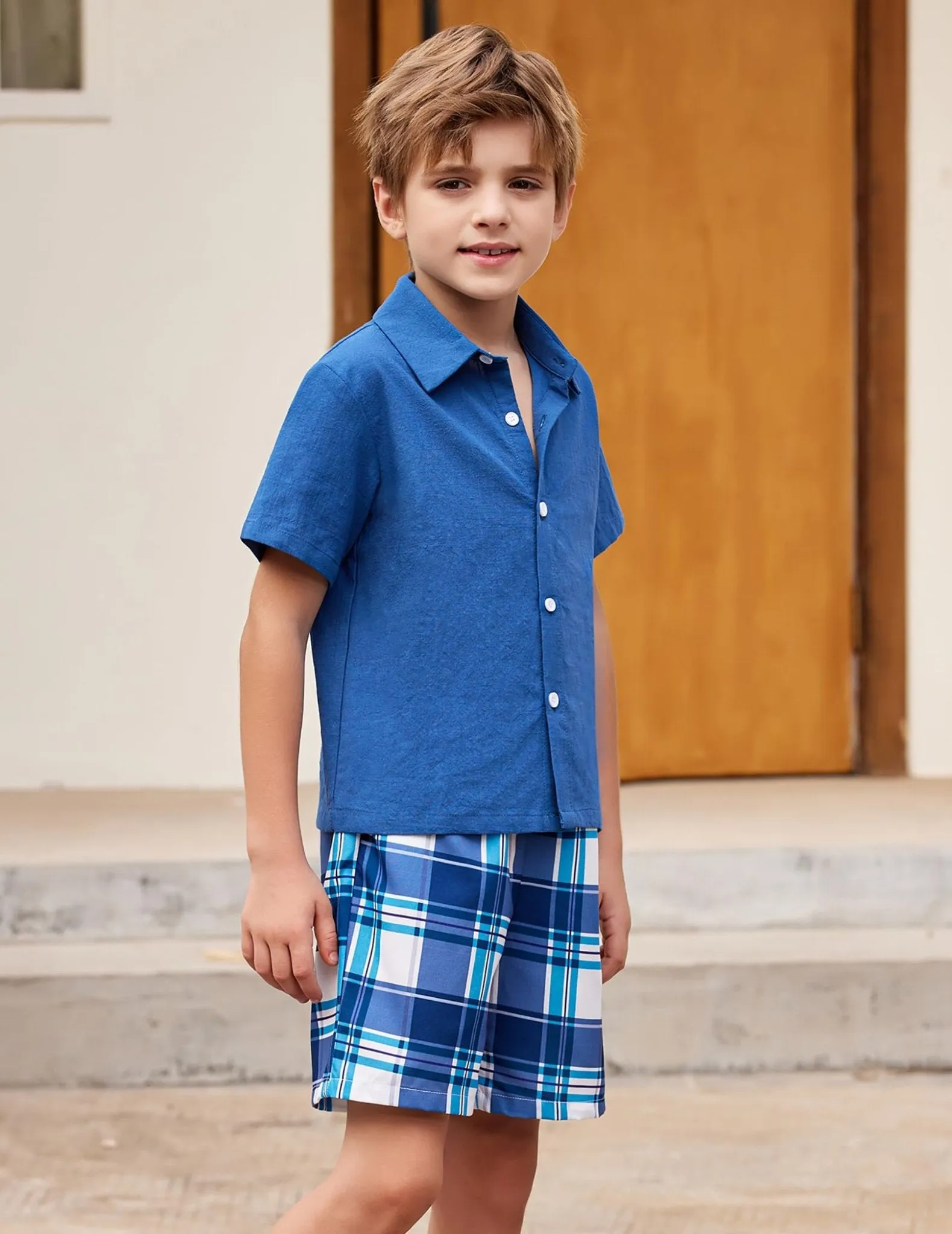 Arshiner Boys Navy Button Down Shirts and Plaid Short Sets with Bucket Hat Summer Outfits Cotton Linen Kids Beach Set