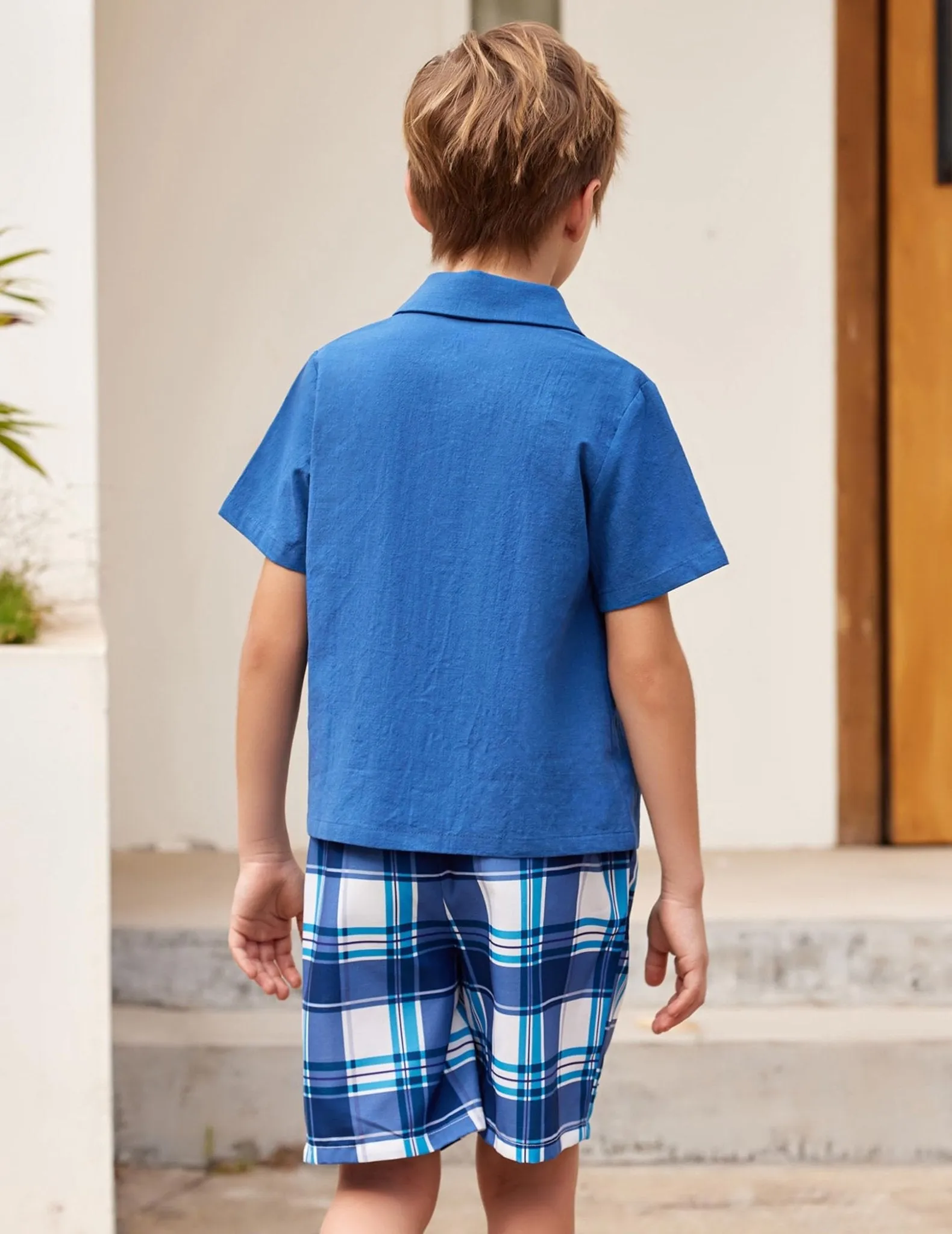 Arshiner Boys Navy Button Down Shirts and Plaid Short Sets with Bucket Hat Summer Outfits Cotton Linen Kids Beach Set