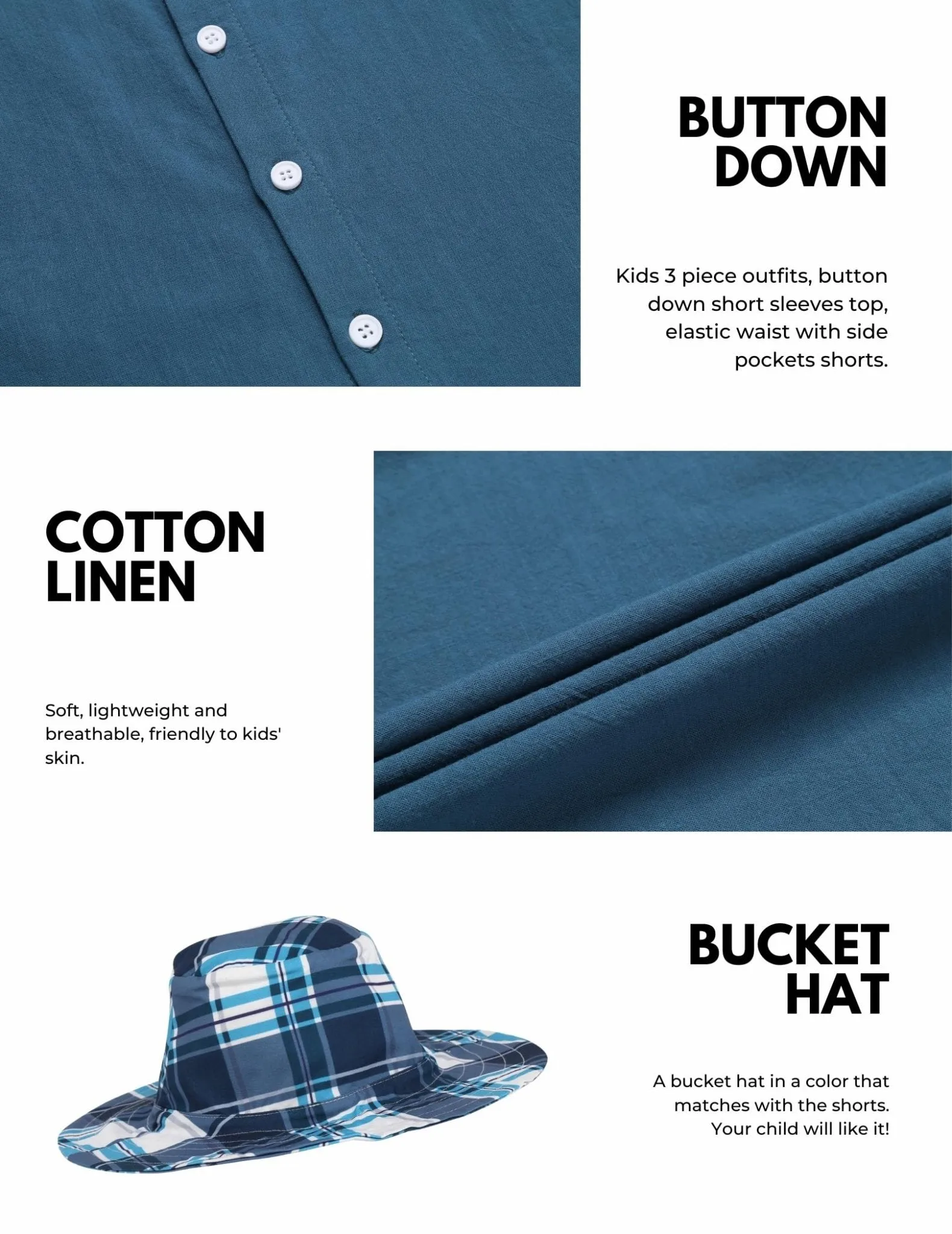 Arshiner Boys Navy Button Down Shirts and Plaid Short Sets with Bucket Hat Summer Outfits Cotton Linen Kids Beach Set