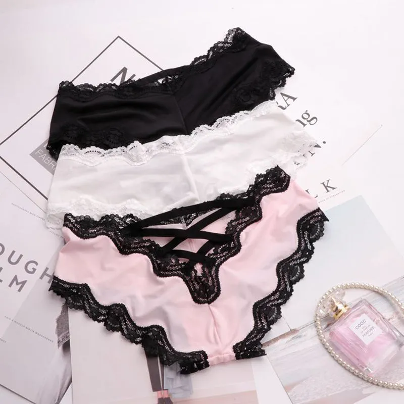 Bandage Deign Hollow Out Silk Sexy Panties Sex Women Lace Underwear Female Lingerie Crotch Cotton Briefs Thongs String