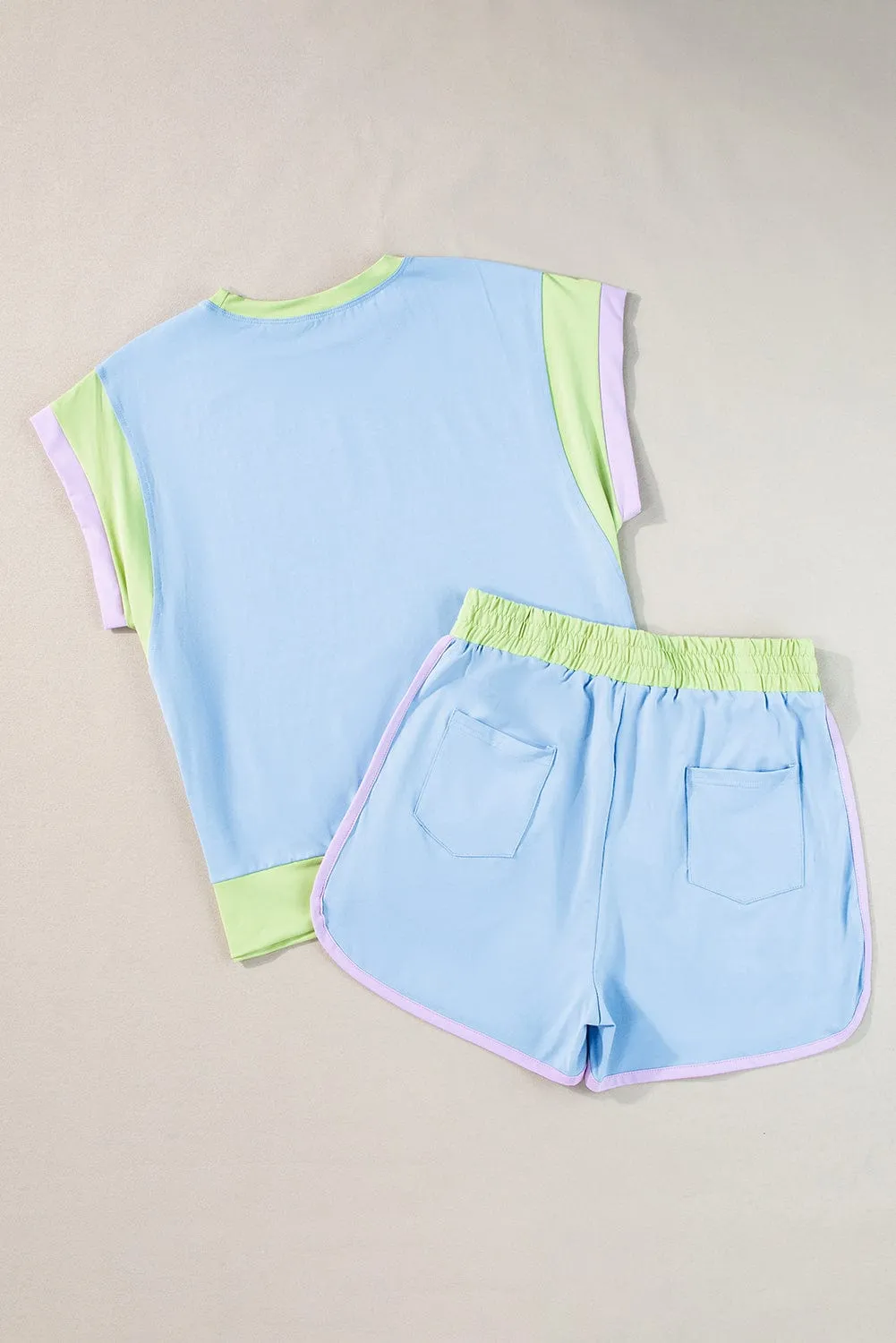 Blue Colorblock Cap Sleeve Tee and Shorts Set