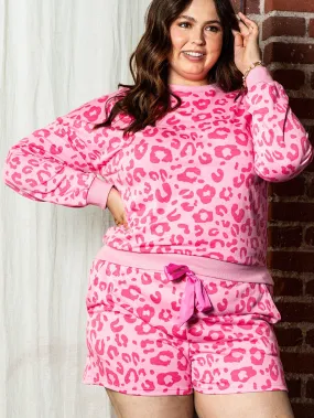 Bonbon Leopard Long Sleeve Satin Tie Shorts Plus Size Outfit