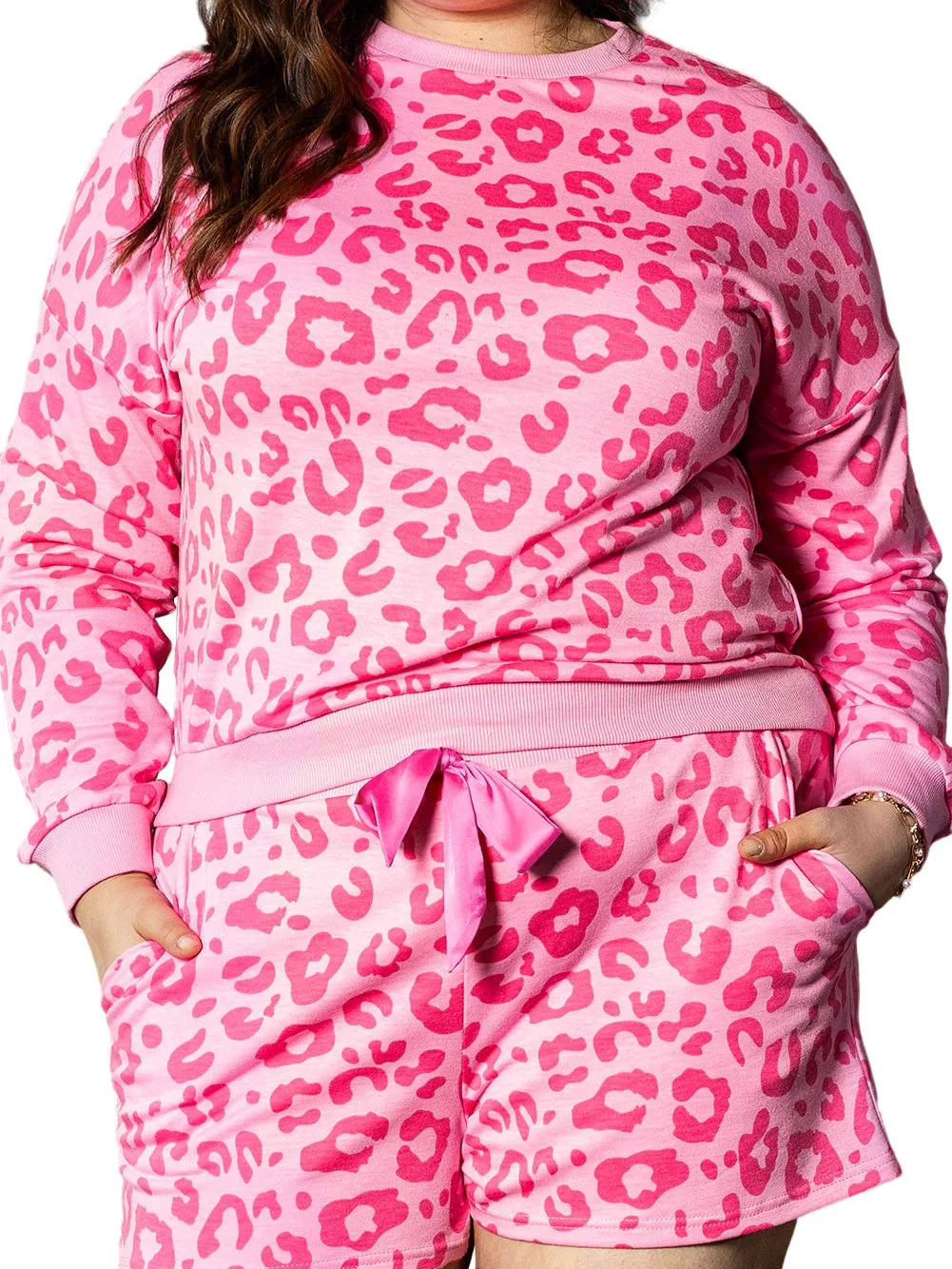 Bonbon Leopard Long Sleeve Satin Tie Shorts Plus Size Outfit