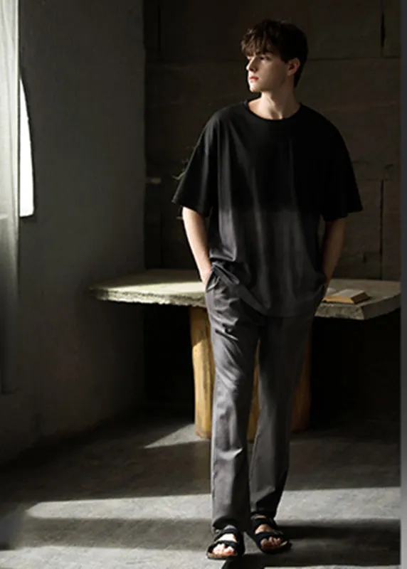 Brief Black O-Neck Ice Silk Couple Pajamas Two Pieces Set Short Sleeve LY2837