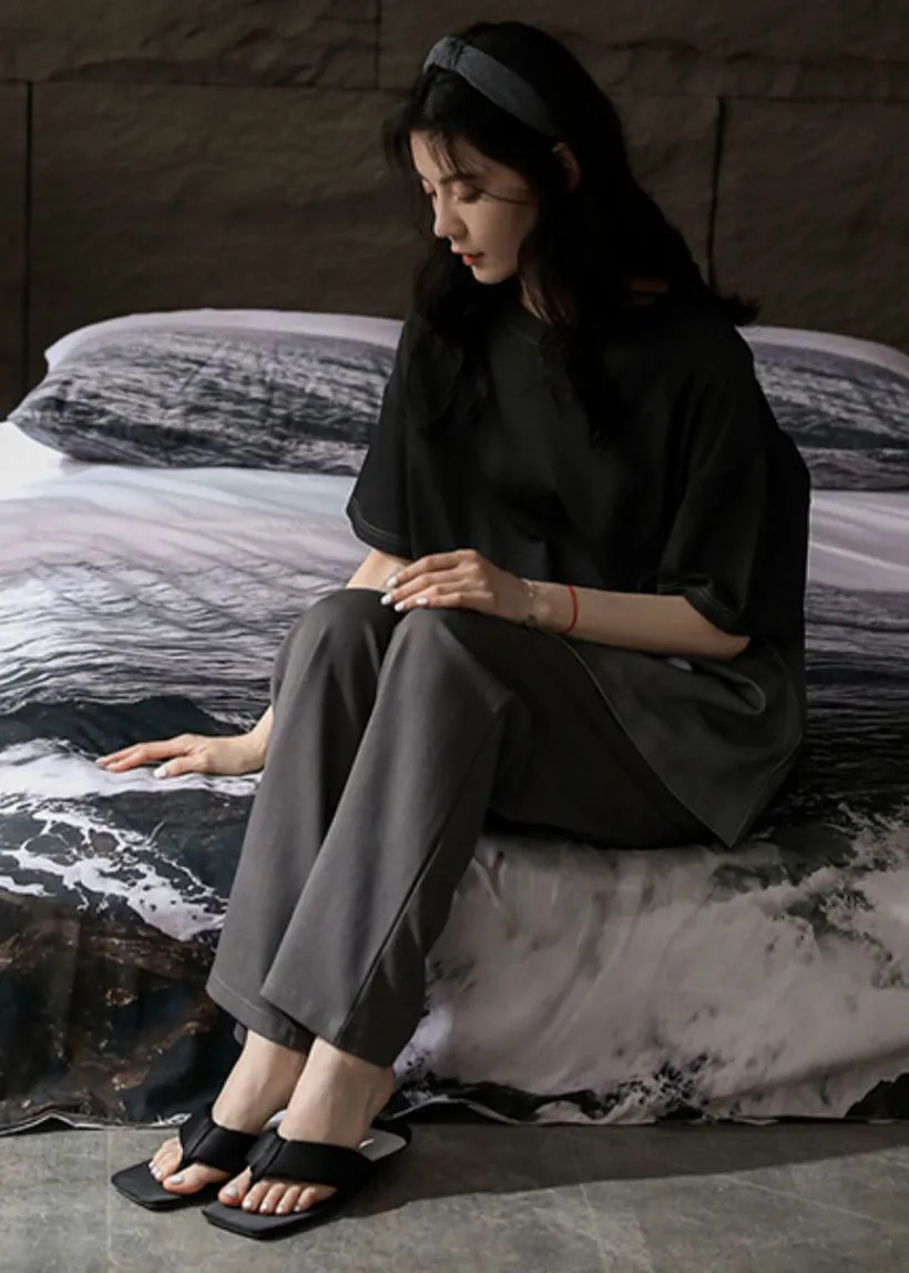 Brief Black O-Neck Ice Silk Couple Pajamas Two Pieces Set Short Sleeve LY2837