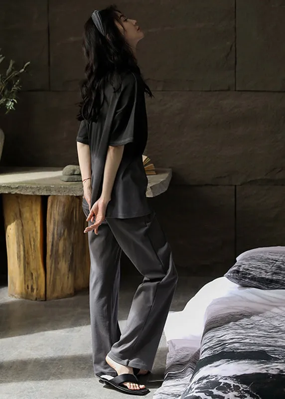 Brief Black O-Neck Ice Silk Couple Pajamas Two Pieces Set Short Sleeve LY2837