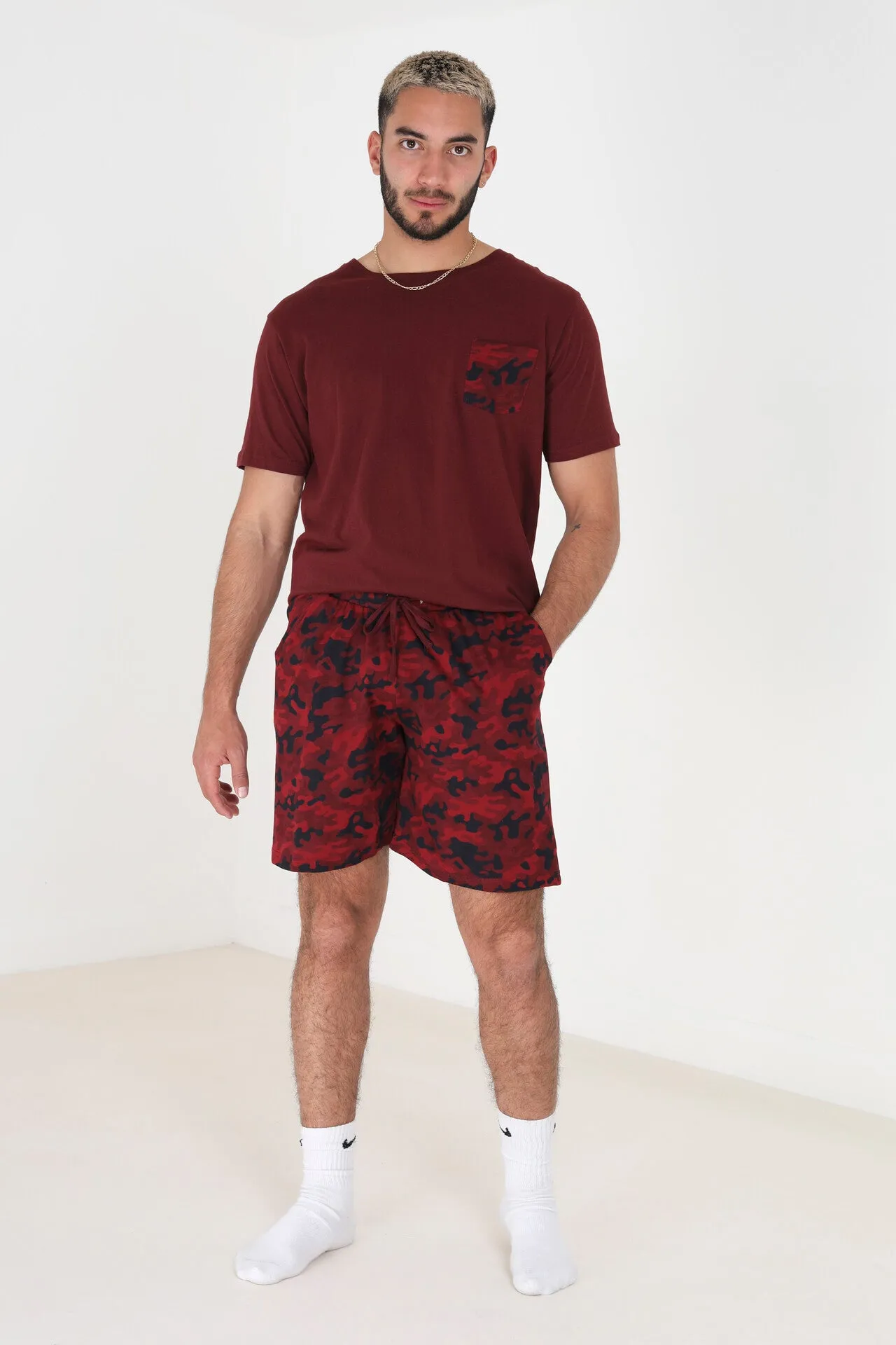 BURGUNDY CAMOUFLAGE PRINT SHORT LOUNGEWEAR SET