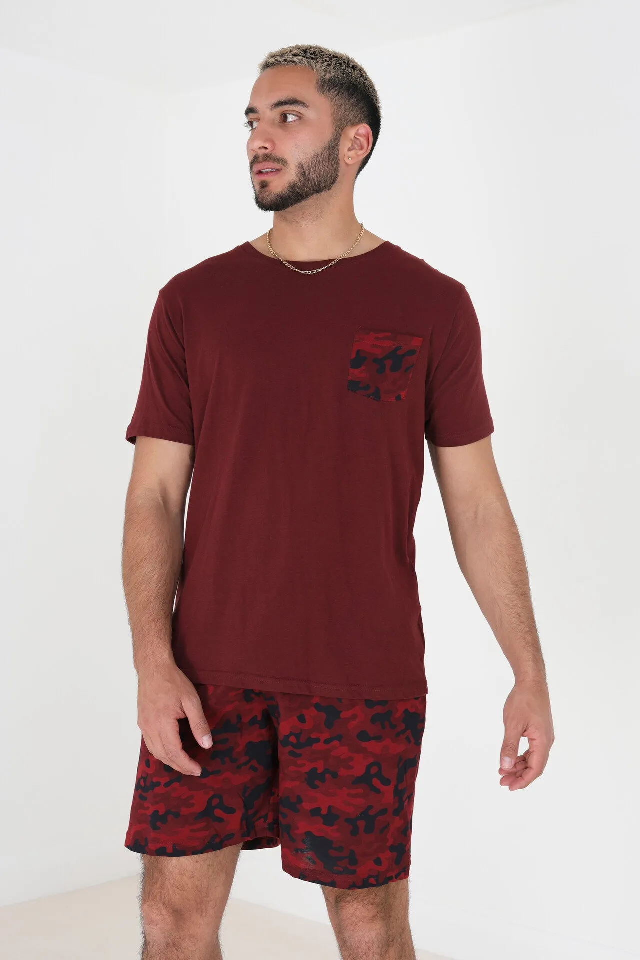 BURGUNDY CAMOUFLAGE PRINT SHORT LOUNGEWEAR SET