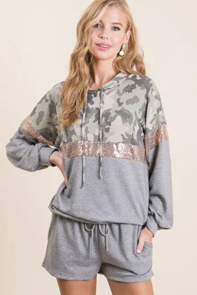 Camo and Sequins Hoodie and Short Set