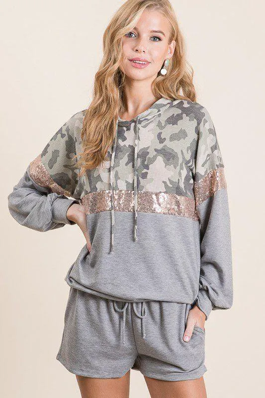 Camo and Sequins Hoodie and Short Set