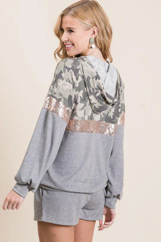 Camo and Sequins Hoodie and Short Set