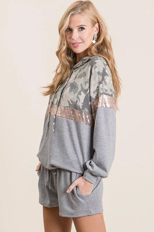Camo and Sequins Hoodie and Short Set