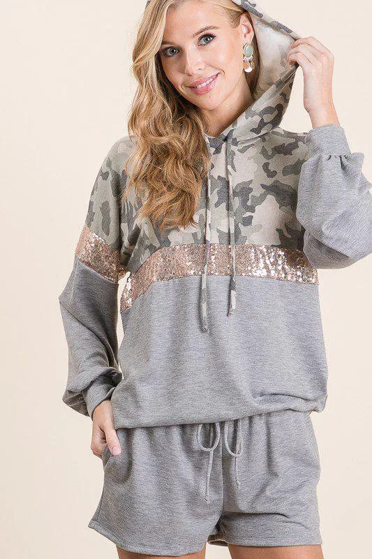 Camo and Sequins Hoodie and Short Set