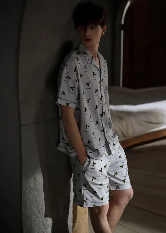Casual Grey Peter Pan Collar Print Button Cotton Couple Pajamas Two Pieces Set Summer TO1059