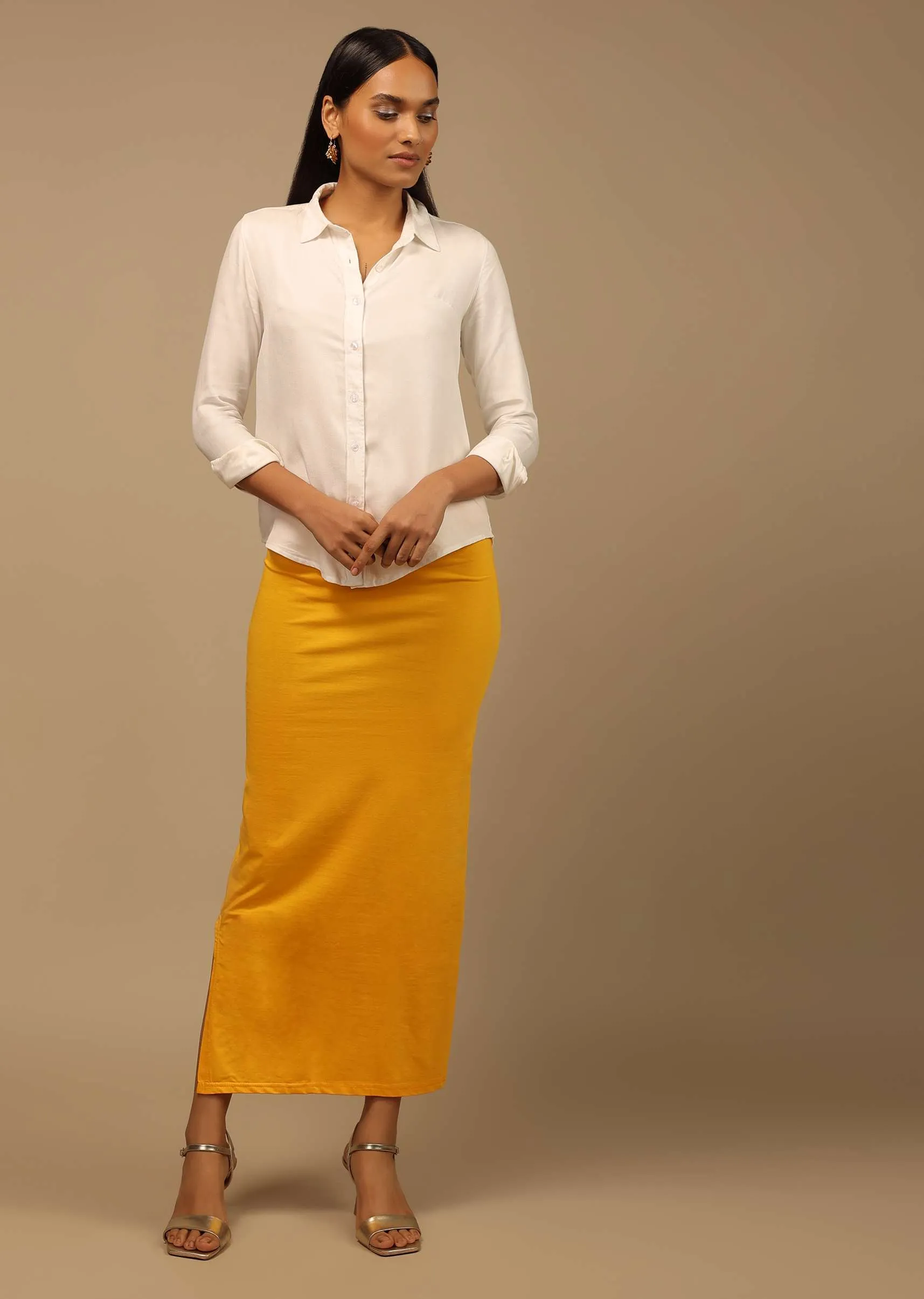 Chrome Yellow Shapewear Saree Petticoat In Cotton Lycra With Elastic Waistband And Slit