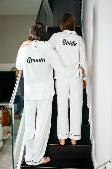 Cotton Pajamas for Groom and Bride Matching Personalized Pajamas - Vinyl / Script