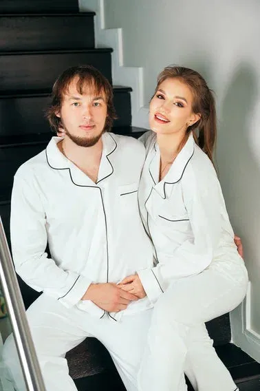 Cotton Pajamas for Groom and Bride Matching Personalized Pajamas - Vinyl / Script