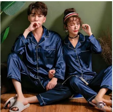 Couple Pajamas Spring And Autumn Ice Silk  - Men's Pajama Set