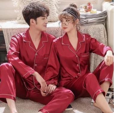 Couple Pajamas Spring And Autumn Ice Silk  - Men's Pajama Set