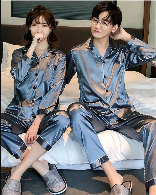 Couple Pajamas Spring And Autumn Ice Silk  - Men's Pajama Set