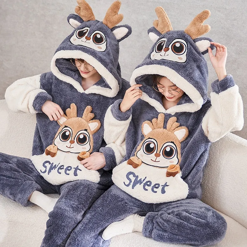 Cozy Winter Couple Pajama Sets in 7 Styles with Warm Flannel Plush and Sweet Cartoon Hoodies