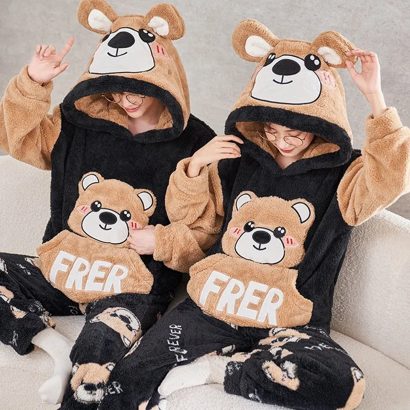 Cozy Winter Couple Pajama Sets in 7 Styles with Warm Flannel Plush and Sweet Cartoon Hoodies