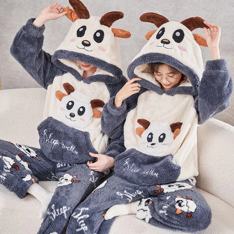 Cozy Winter Couple Pajama Sets in 7 Styles with Warm Flannel Plush and Sweet Cartoon Hoodies
