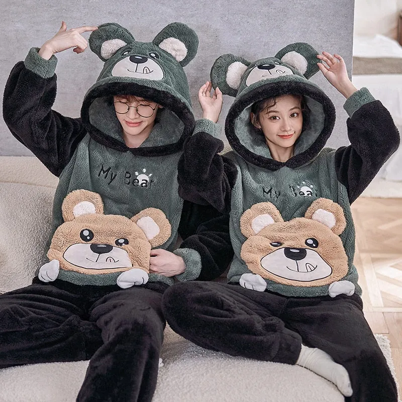 Cozy Winter Couple Pajama Sets in 7 Styles with Warm Flannel Plush and Sweet Cartoon Hoodies