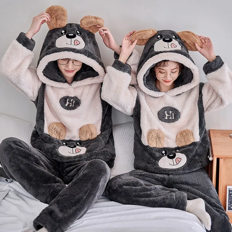 Cozy Winter Couple Pajama Sets in 7 Styles with Warm Flannel Plush and Sweet Cartoon Hoodies
