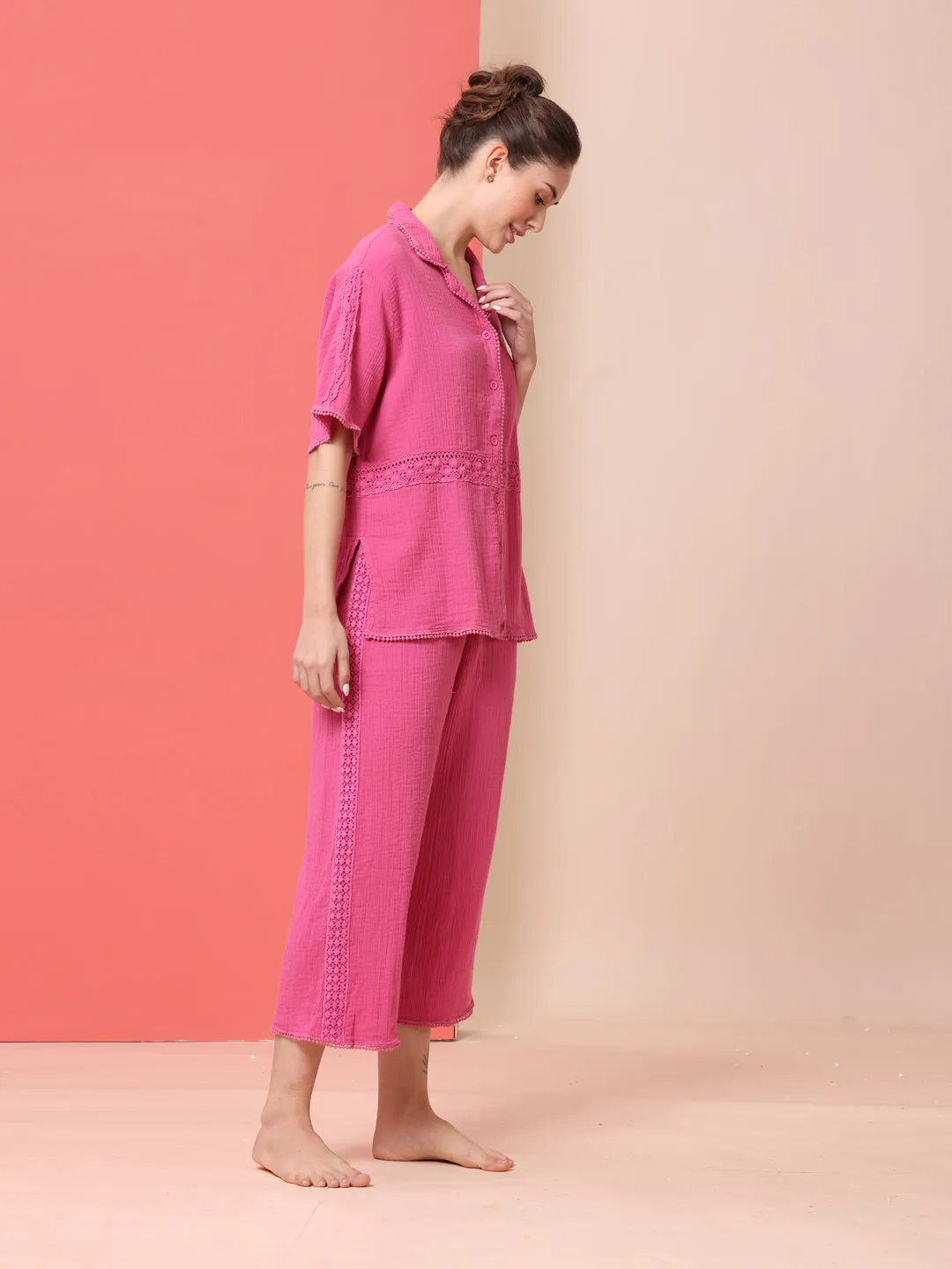 CRINKLE DOUBLE CREPE COTTON LACE TRIMMED LOUNGEWEAR SET W/ BUTTON DOWN SHIRT & WIDE LEG PJ'S