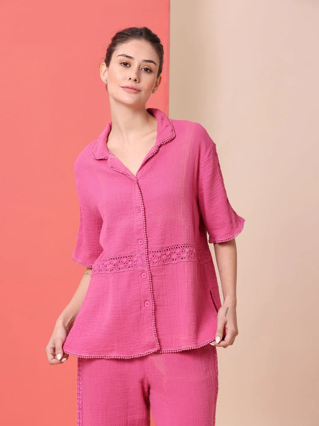 CRINKLE DOUBLE CREPE COTTON LACE TRIMMED LOUNGEWEAR SET W/ BUTTON DOWN SHIRT & WIDE LEG PJ'S