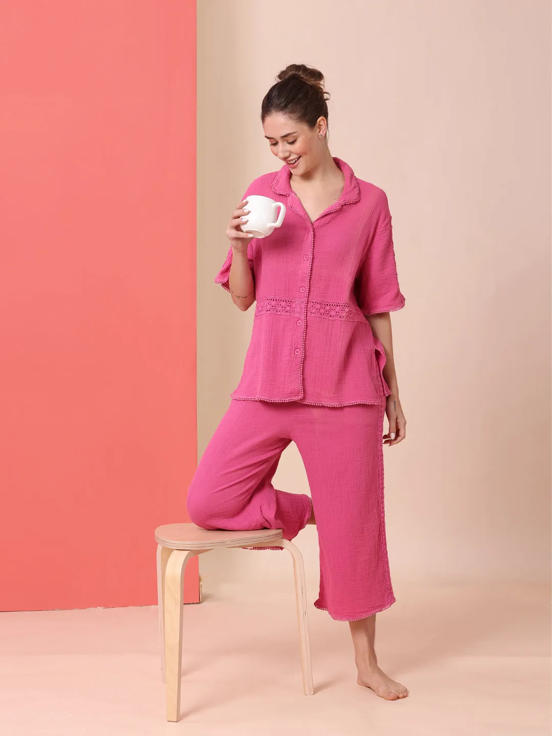 CRINKLE DOUBLE CREPE COTTON LACE TRIMMED LOUNGEWEAR SET W/ BUTTON DOWN SHIRT & WIDE LEG PJ'S