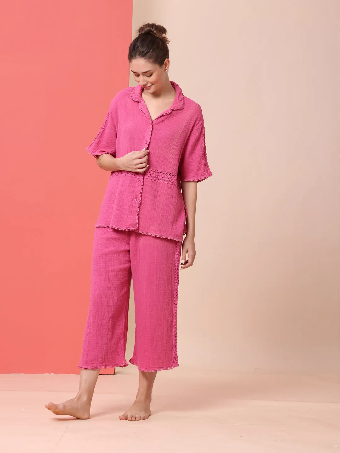 CRINKLE DOUBLE CREPE COTTON LACE TRIMMED LOUNGEWEAR SET W/ BUTTON DOWN SHIRT & WIDE LEG PJ'S