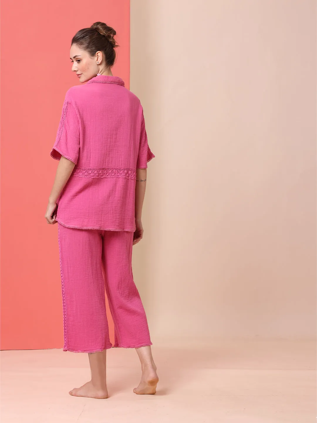 CRINKLE DOUBLE CREPE COTTON LACE TRIMMED LOUNGEWEAR SET W/ BUTTON DOWN SHIRT & WIDE LEG PJ'S