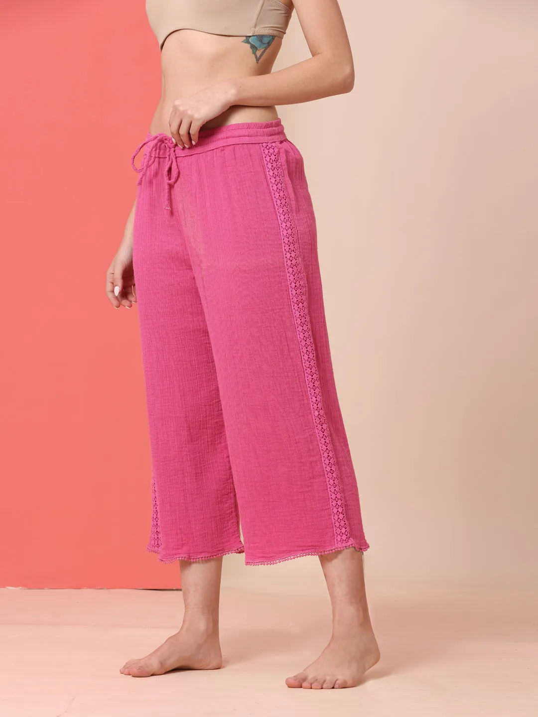 CRINKLE DOUBLE CREPE COTTON LACE TRIMMED LOUNGEWEAR SET W/ BUTTON DOWN SHIRT & WIDE LEG PJ'S