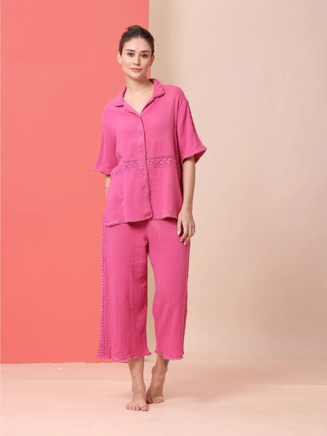 CRINKLE DOUBLE CREPE COTTON LACE TRIMMED LOUNGEWEAR SET W/ BUTTON DOWN SHIRT & WIDE LEG PJ'S
