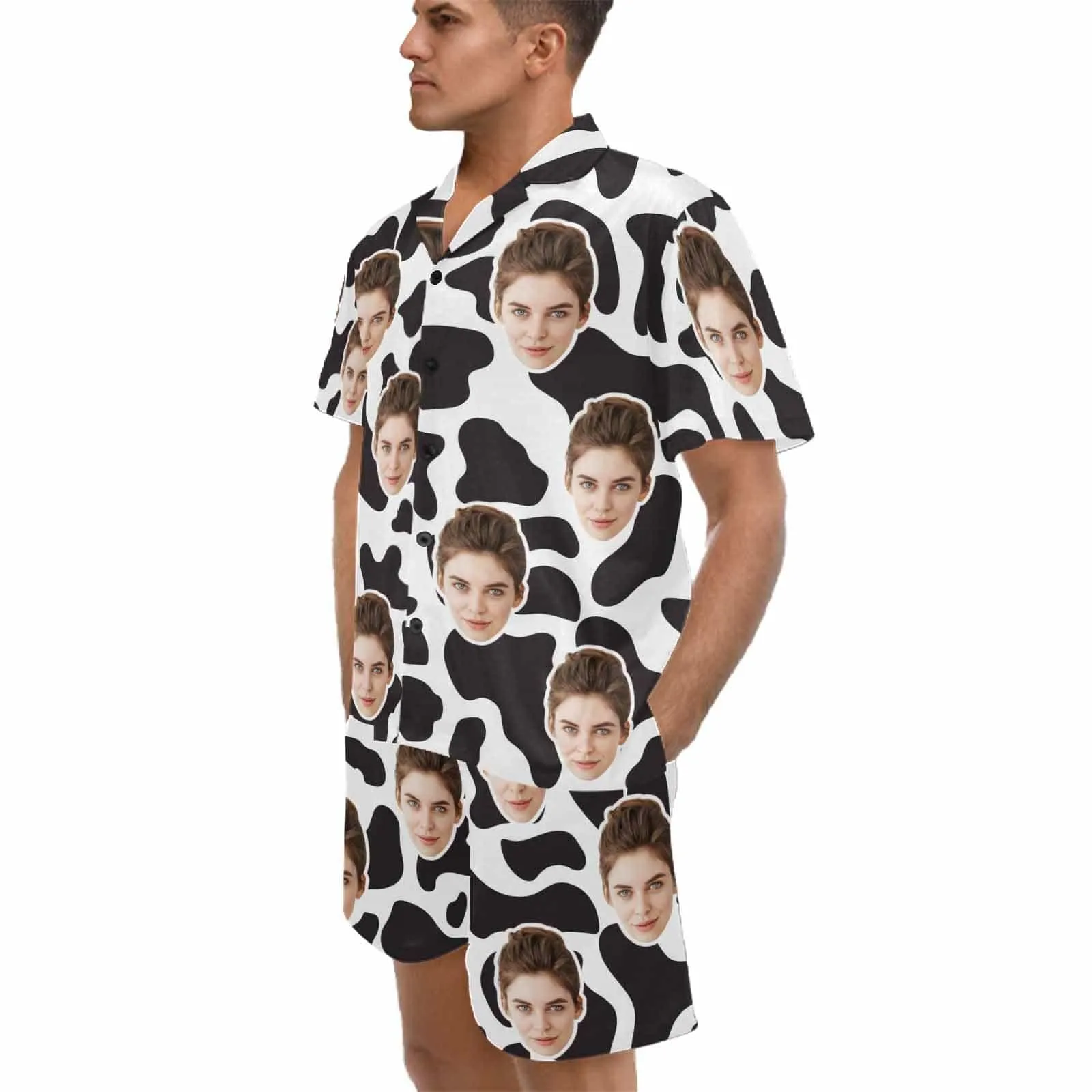 Custom Couples Pajamas Personalized Face Black White Couple Matching V-Neck Short Pajama Set