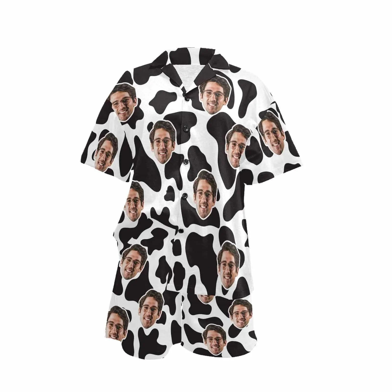 Custom Couples Pajamas Personalized Face Black White Couple Matching V-Neck Short Pajama Set