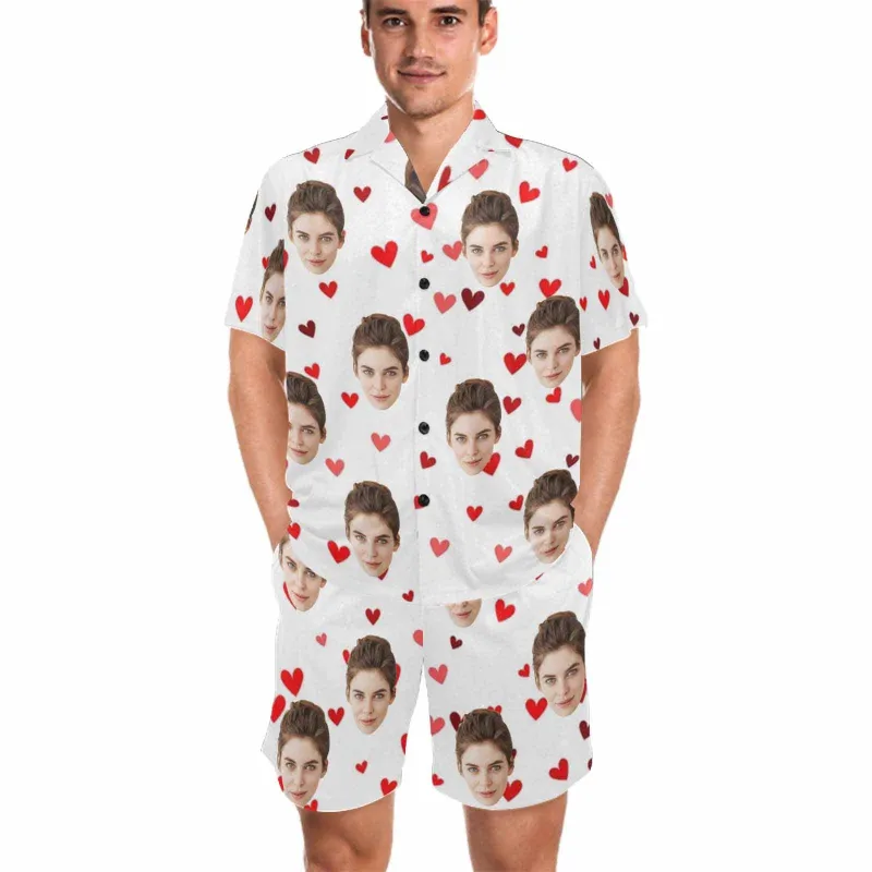 Custom Face Pajamas Red Love Couple Pajamas Loungewear Set